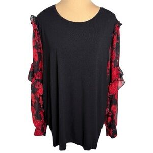Chico's Black Blouse with Red Floral Sleeves Size XXL